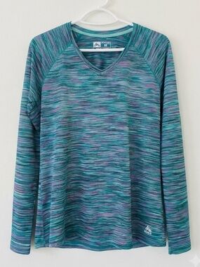 RBX Teal Purple Pink Black Space-Dye Long Sleeve V-Neck Top Athleisure Workout